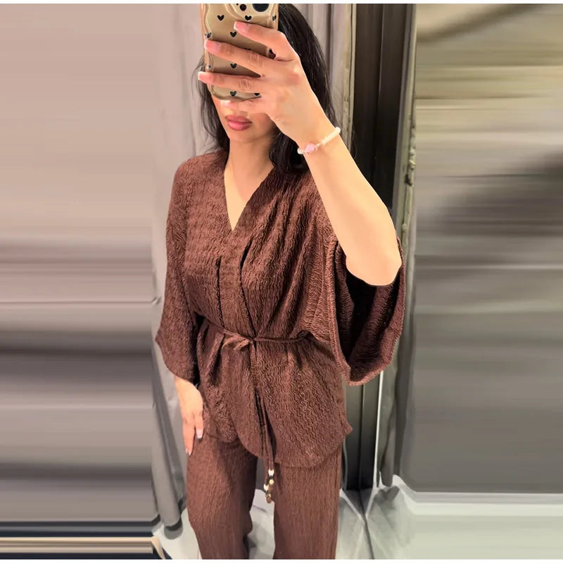 Casual Pleated Cardigan Pants Set V-neck Drop Shoulder Flared Sleeves Belt Waist Shirt Wide Leg Pants 2026 Chic Lightweight Sets