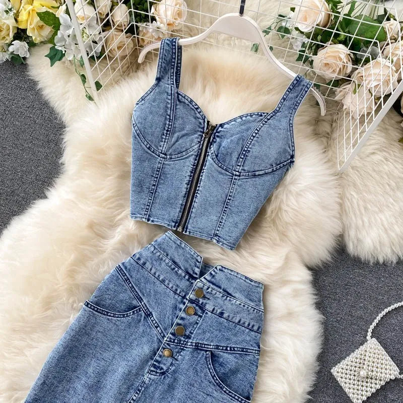 Women's Denim Top and Midi Skirt 2-Piece Set