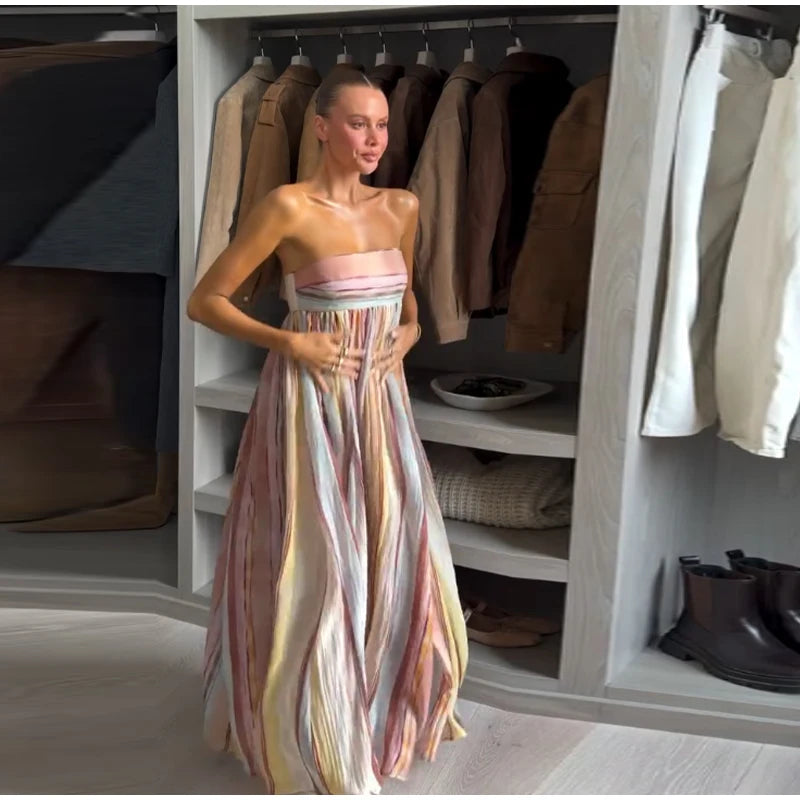Women's Striped Shirt and Pleated Maxi Skirt Set