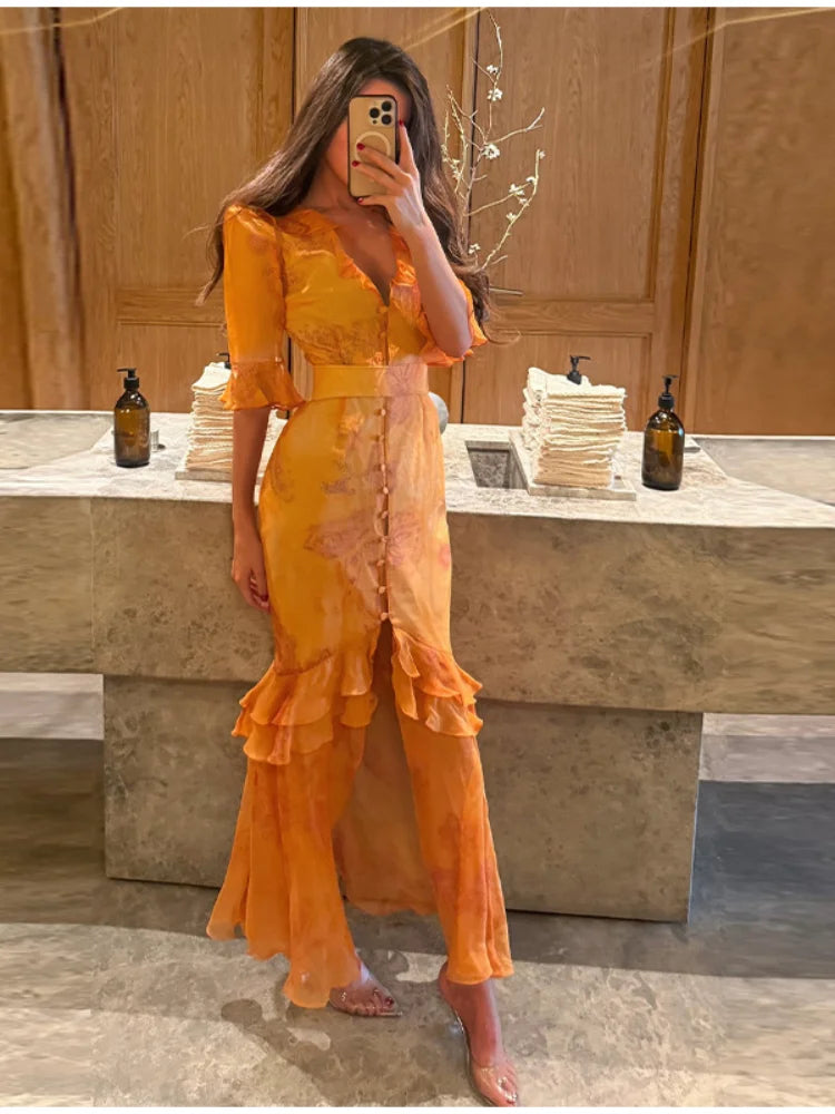 Women's Floral Puff Sleeve Maxi Dress