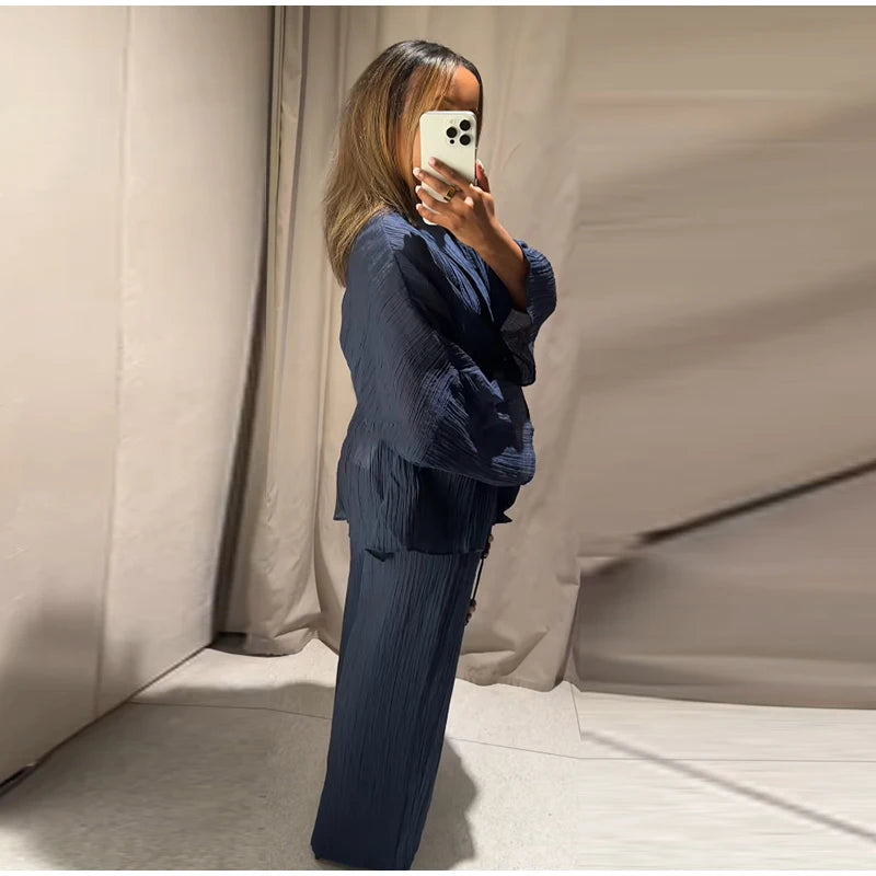 Casual Pleated Cardigan Pants Set V-neck Drop Shoulder Flared Sleeves Belt Waist Shirt Wide Leg Pants 2026 Chic Lightweight Sets