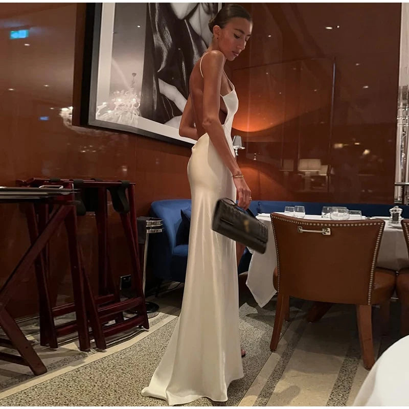Women's Backless Satin V-Neck Sling Sundress