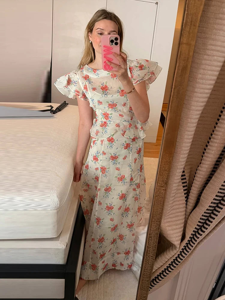 Women's Ruffle Top and Long Skirt 2-Piece Set