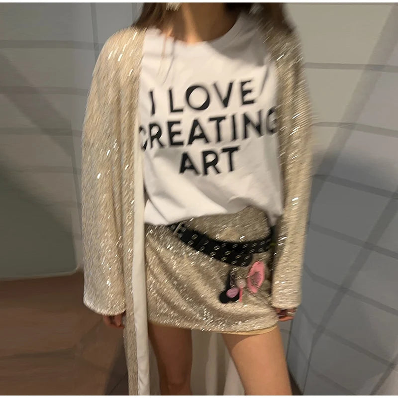 2026 Autumn Sequined Women Long Jacket Urban Full Sleeve Lining Pleated V-neck Cardigan Female Streetwear Fashion Lady Outwear