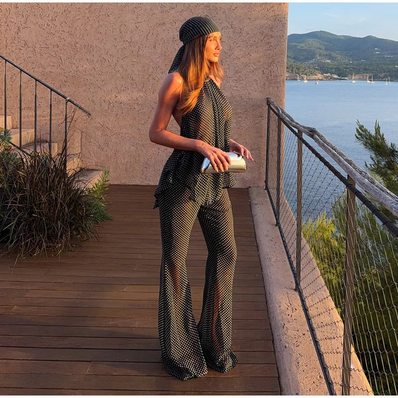 Women's Halter Backless Top and Flared Pants Set