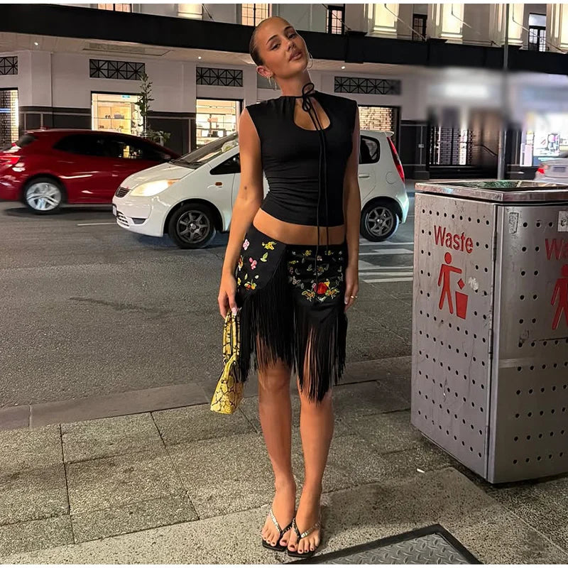 Casual Embroidery Mini Skirts Women Tassel Patchwork Low Waist Lady Short Irregular Skirts Female 2026 Summer Lady Bottoms Chic