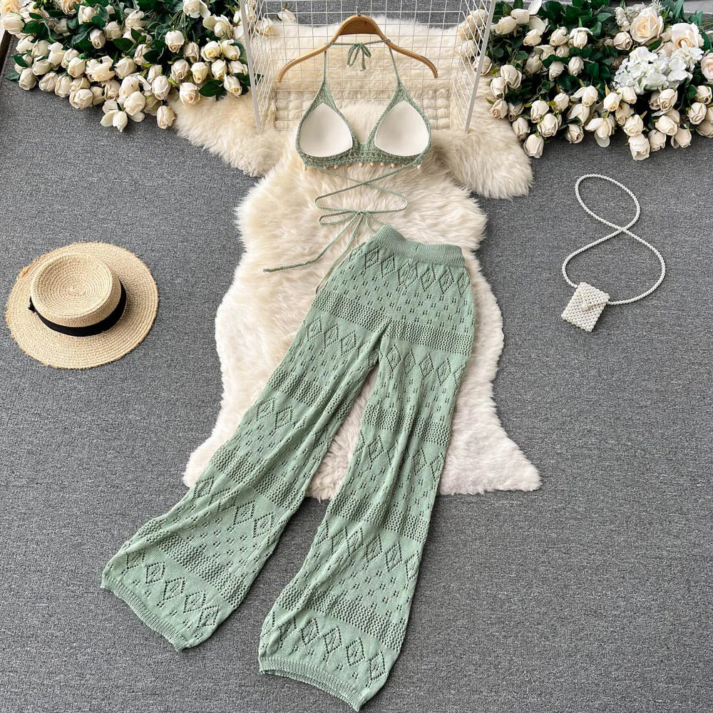 SINGREINY Women Summer Design Knitted Set Sexy Backless Halter Short Tops+Chic Hollow Knitted Wide Leg Long Pants Two Piece Suit