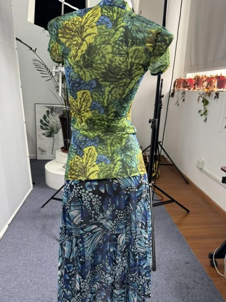 Jungle Butterfly Print High Slit Midi Dress
