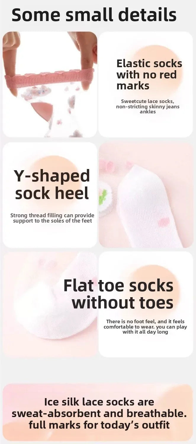 5 Pairs/Baby Girl Summer Socks Thin Ice Silk Mesh Crystal Breathable Cotton Short Mid Calf Boat Socks for Kids