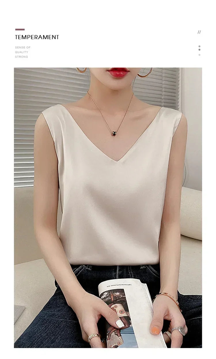 Summer New Silk Top Special Offer Sexy Strap Women's V-neck Printed Letter Tank Top Korean Fashion Solid Color Thin T-shirt