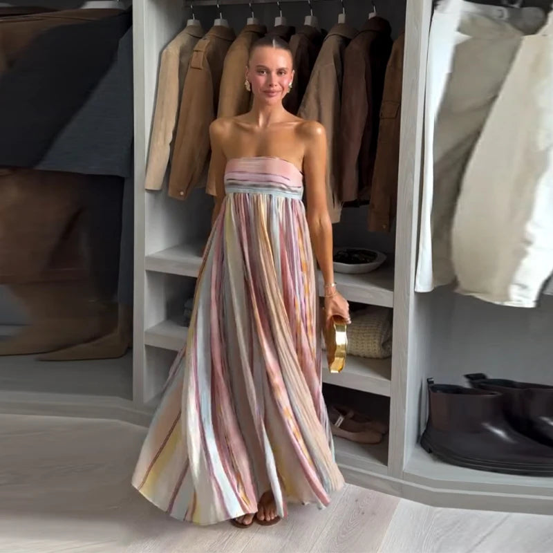 Women's Striped Shirt and Pleated Maxi Skirt Set
