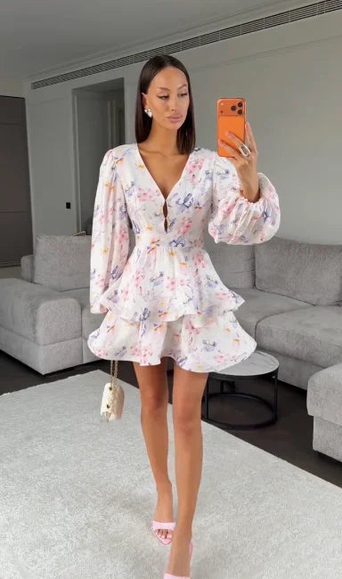 Women's Floral Waist-Cinched Mini Dress