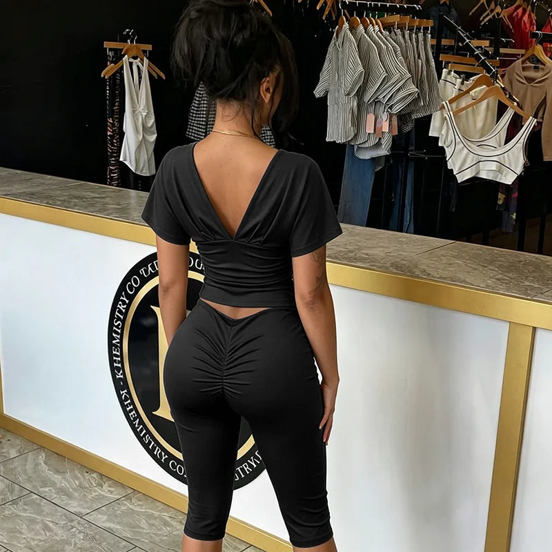 Joskaa Casual Solid 2 Piece Sets Women Sexy V-Neck Ruched Half Sleeve Top and Tight Cropped Pants Matching Tracksuits Streetwear