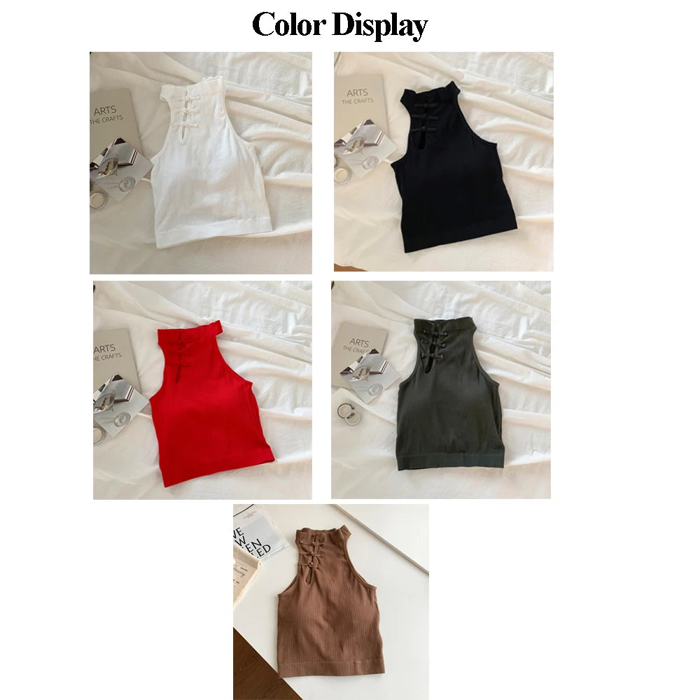 ITOOLIN Elegant Women Chinese Button Tank Tops With Bra Pad O-Neck  Sleeveless Tank Tops For Women Sexy Crop Tops All-Match 2024