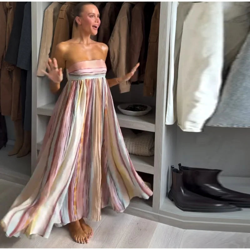 Women's Striped Shirt and Pleated Maxi Skirt Set