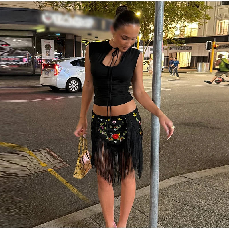 Casual Embroidery Mini Skirts Women Tassel Patchwork Low Waist Lady Short Irregular Skirts Female 2026 Summer Lady Bottoms Chic