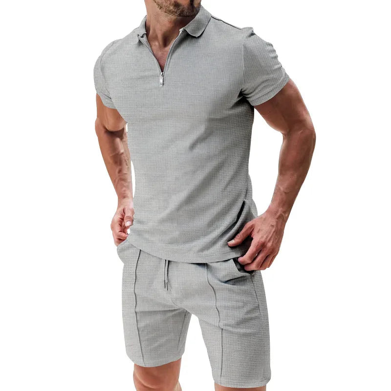 2026 Men Europe and the United States new summer Waffle solid color zip-up lapel short-sleeve suit shorts two sets