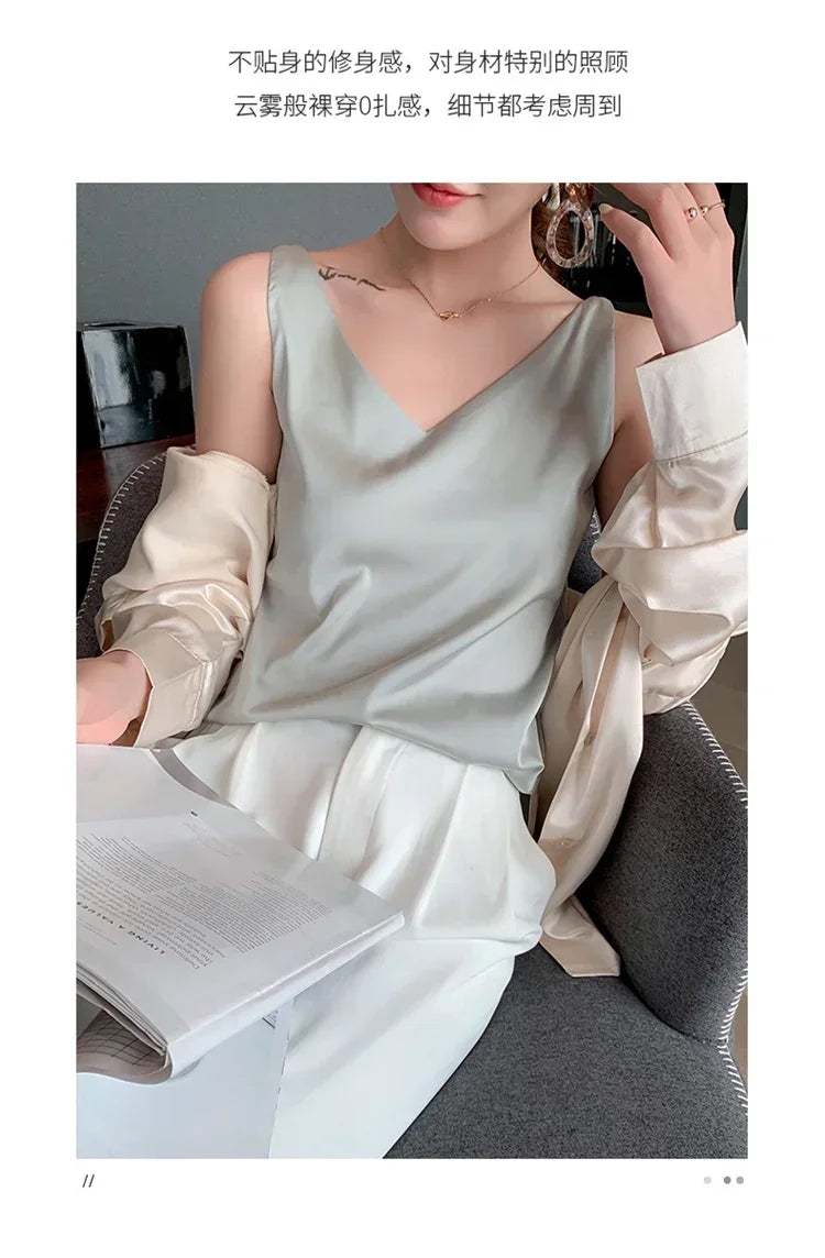 Summer New Silk Top Special Offer Sexy Strap Women's V-neck Printed Letter Tank Top Korean Fashion Solid Color Thin T-shirt