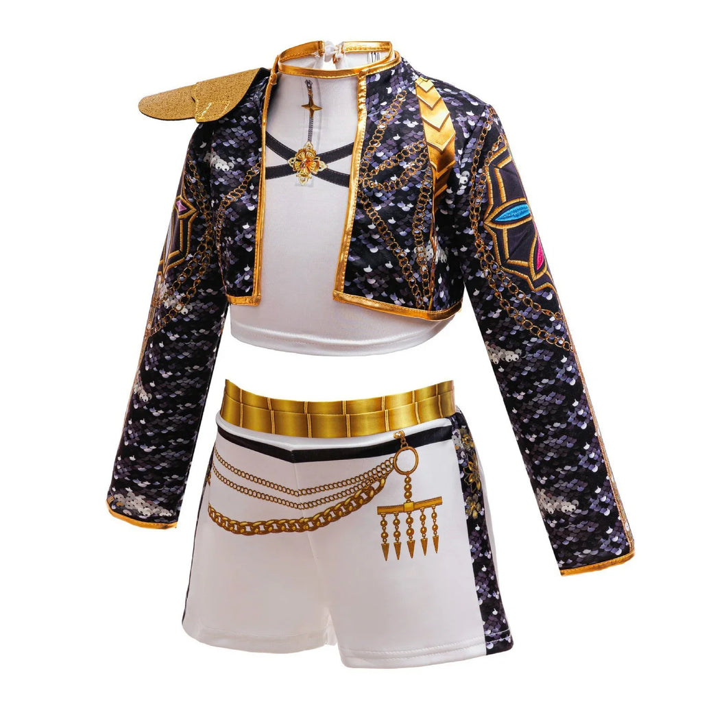 Girls Sequin Hip Hop Dance Outfit Set Crop Top Jacket Shorts with Purple Braid Wig Kids Jazz Stage Costume