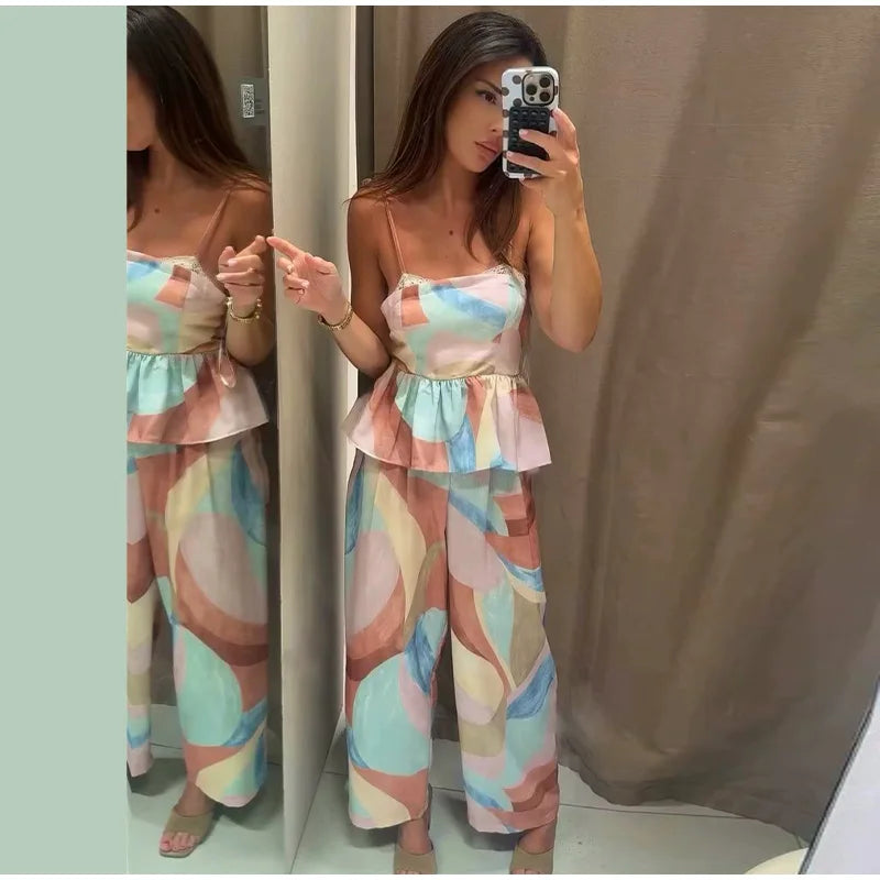 Women's Pastel Print Cami Top and Wide Leg Pants Set