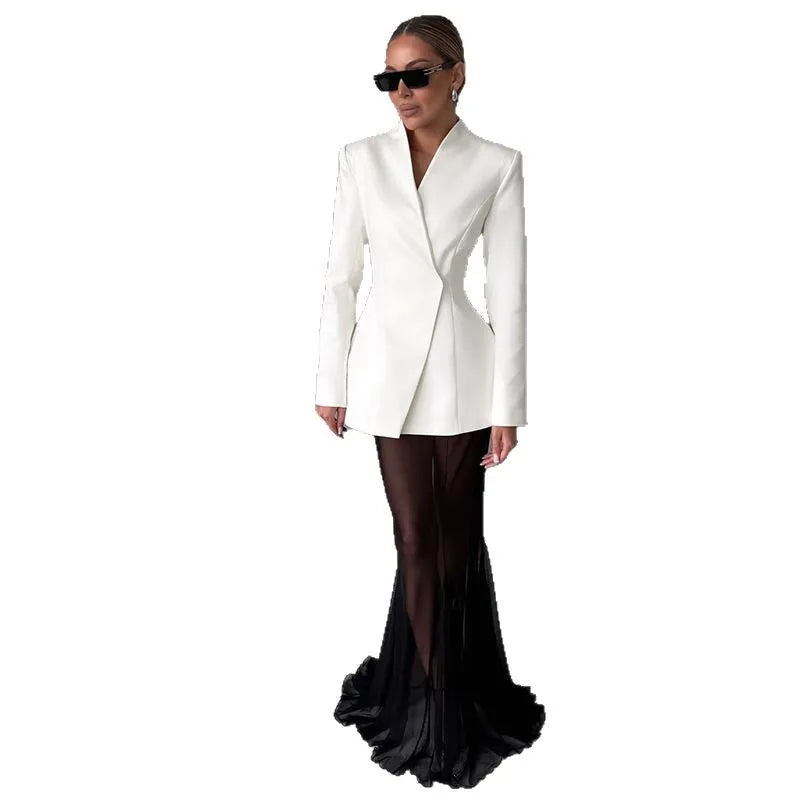 Women's V-Neck Blazer and Tulle Maxi Skirt Set