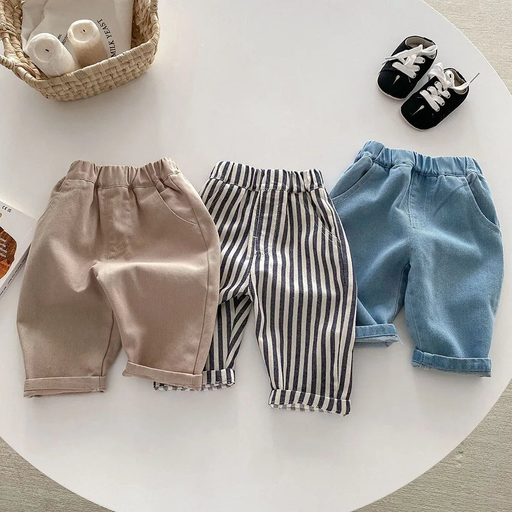 New Autumn Kids Tapped Casual Striped Pants 0-5T Girls Boys Fashion Stripe Trousers Children Solid Denim Jeans Britches