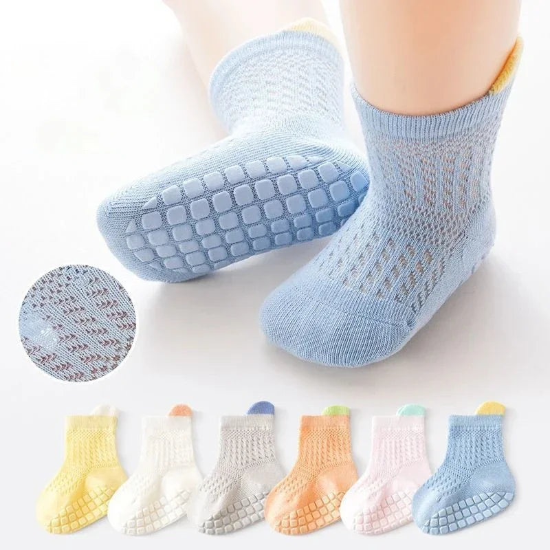 3pairs/lot RAISE 6 Colored Non-slip Baby Girl Sock Breathable Thin Infant Girl Cotton Socks Kids Mesh Socks Children's Socks Kit