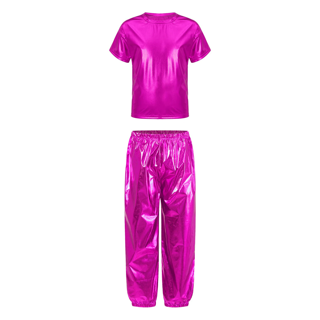 Kids Girls Boys Fashion Clothes Set Metallic Shiny T-shirt with Pants Suit for Jazz Hip Hop Street Dance Performance Costume
