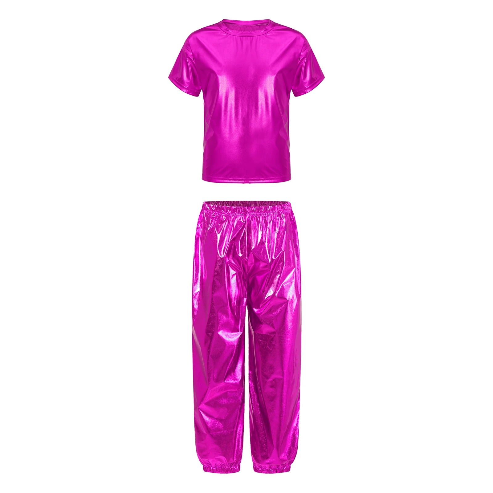 Kids Girls Boys Fashion Clothes Set Metallic Shiny T-shirt with Pants Suit for Jazz Hip Hop Street Dance Performance Costume