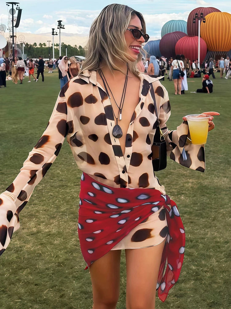 Women's Dot Print Long Sleeve Split Midi Dress