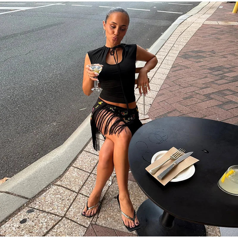 Casual Embroidery Mini Skirts Women Tassel Patchwork Low Waist Lady Short Irregular Skirts Female 2026 Summer Lady Bottoms Chic