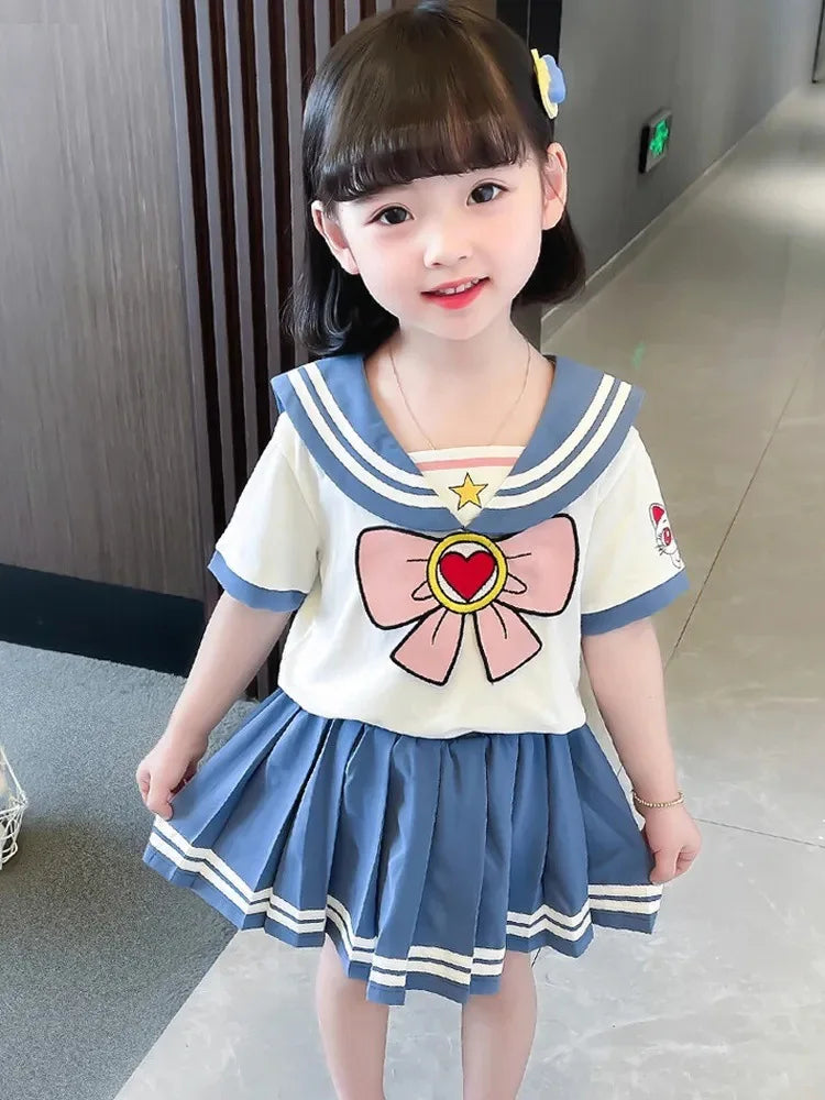 Baby Girls Clothes Sets Summer Bow Striped Tops Pleated Skirts Suits Cute Sailor Moon Cosplay Party Custume Children Clothes Set