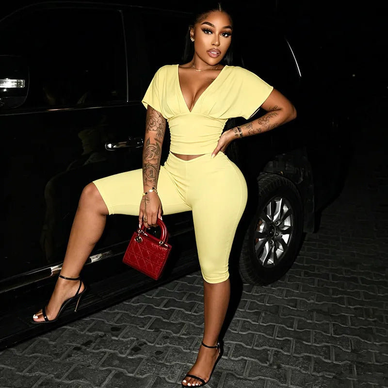 Joskaa Casual Solid 2 Piece Sets Women Sexy V-Neck Ruched Half Sleeve Top and Tight Cropped Pants Matching Tracksuits Streetwear