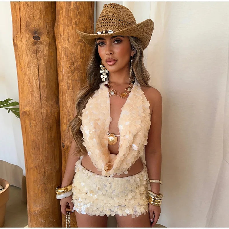 Women's Sequin Crop Top and Mini Skirt Set