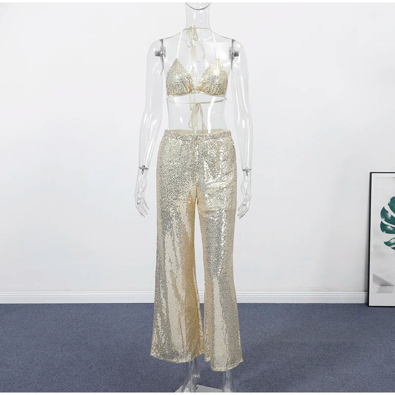 Women's Sequin Halter Top and Wide Leg Pants Set
