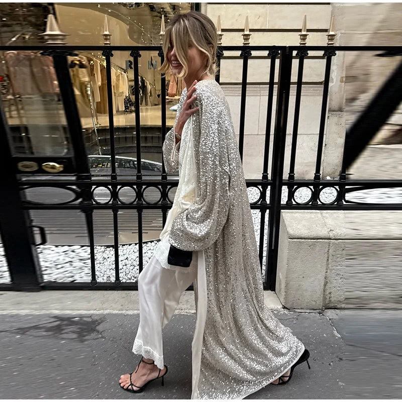 2026 Autumn Sequined Women Long Jacket Urban Full Sleeve Lining Pleated V-neck Cardigan Female Streetwear Fashion Lady Outwear