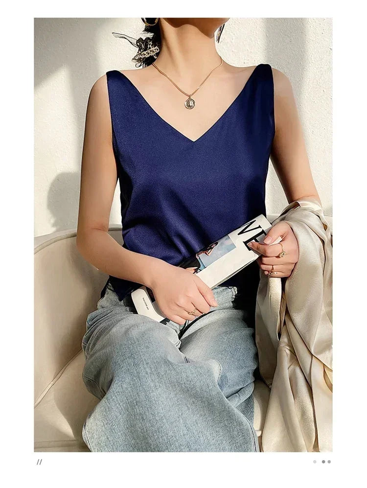 Summer New Silk Top Special Offer Sexy Strap Women's V-neck Printed Letter Tank Top Korean Fashion Solid Color Thin T-shirt