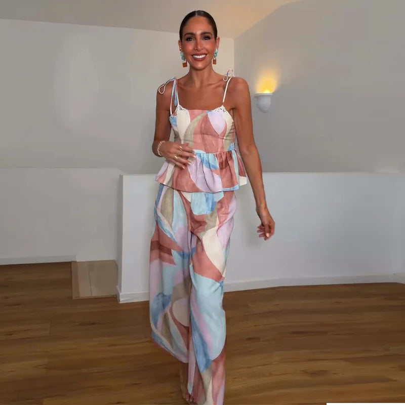 Women's Pastel Print Cami Top and Wide Leg Pants Set