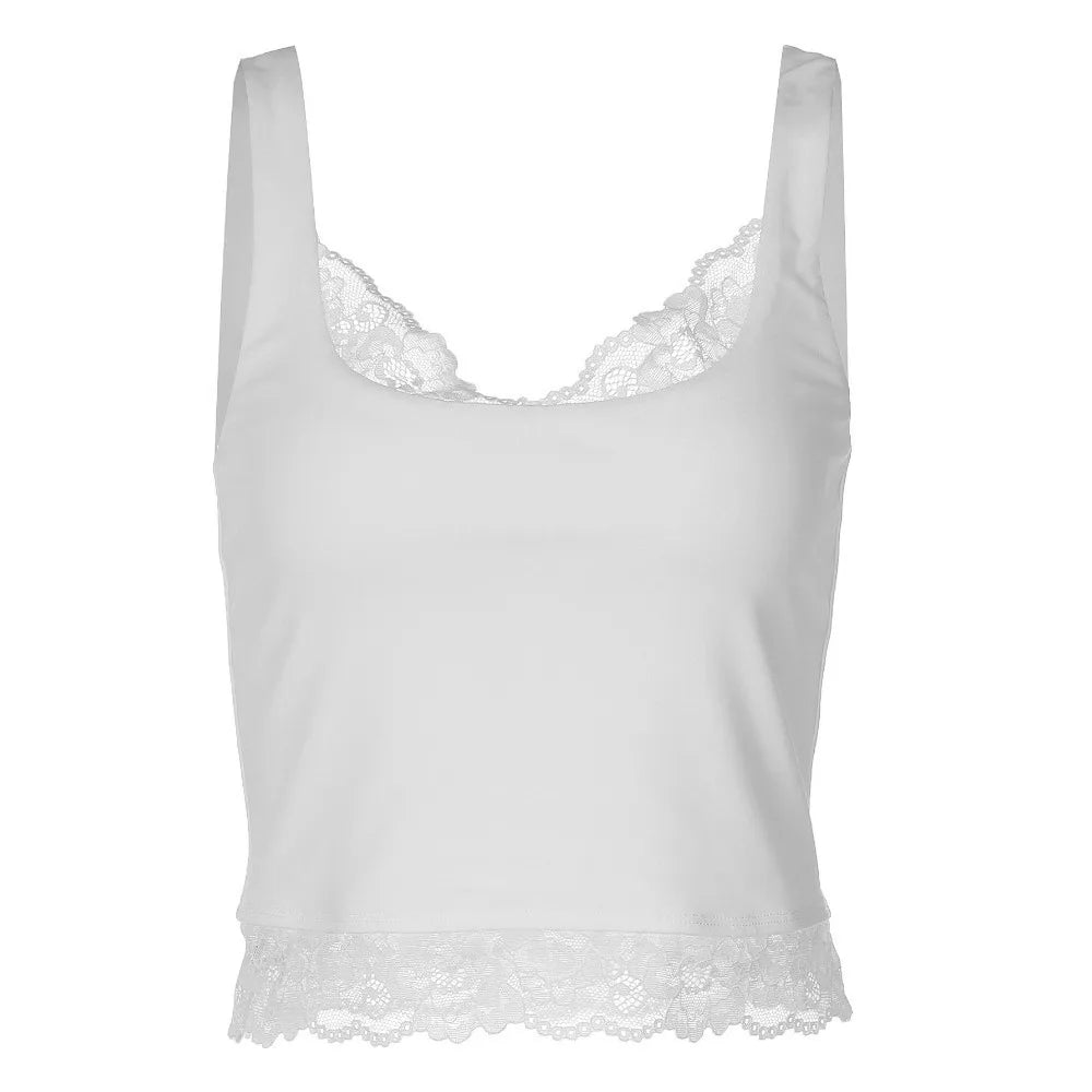 Ins Style Sleeveless Slim Lace Crop Top Solid Color V-neck Lace Sling Tank Bottoming Shirt Patchwork Spaghetti Y2k Top Summer