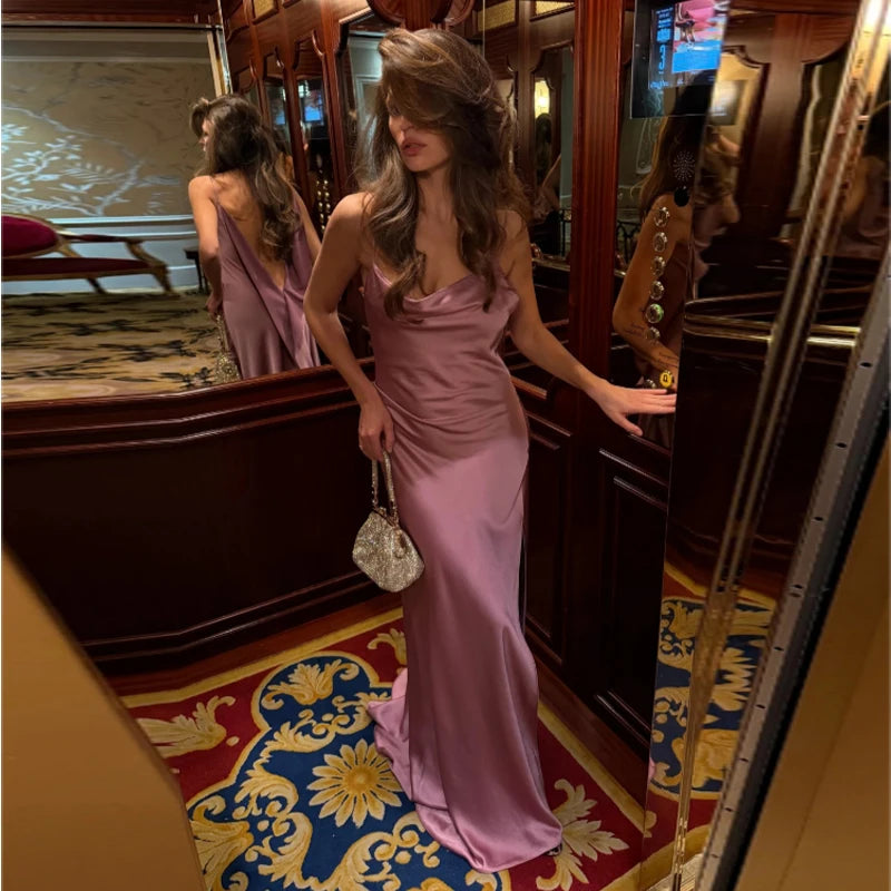 Women's Backless Satin V-Neck Sling Sundress