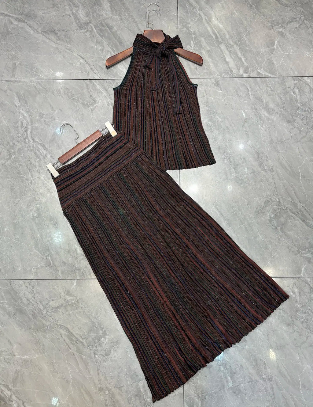 Women's Sequin Striped Knit Vest and Skirt Set