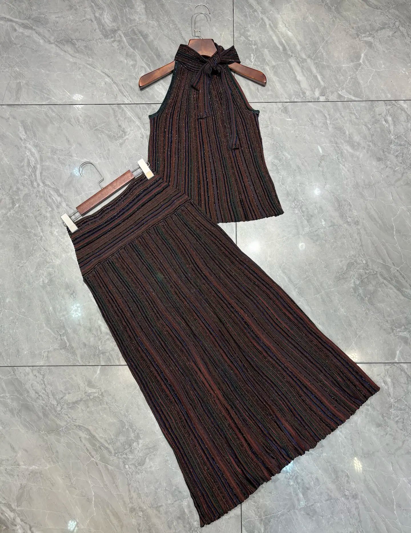 Women's Sequin Striped Knit Vest and Skirt Set