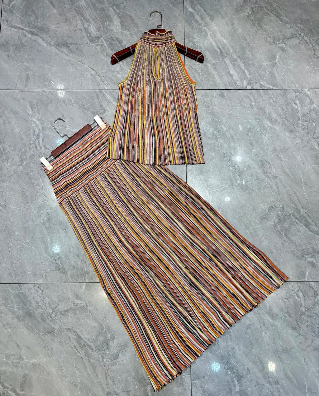 Women's Sequin Striped Knit Vest and Skirt Set