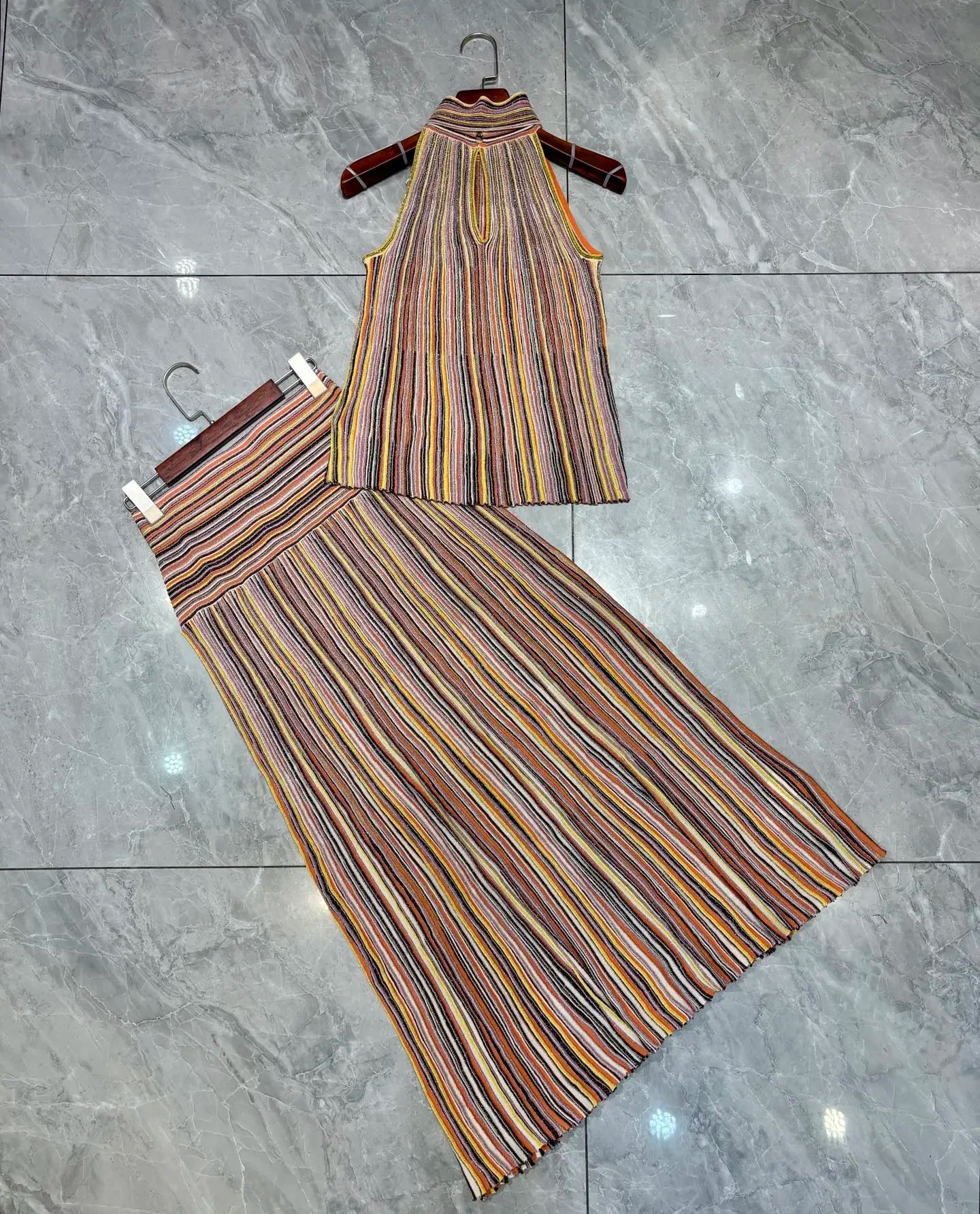 Women's Sequin Striped Knit Vest and Skirt Set