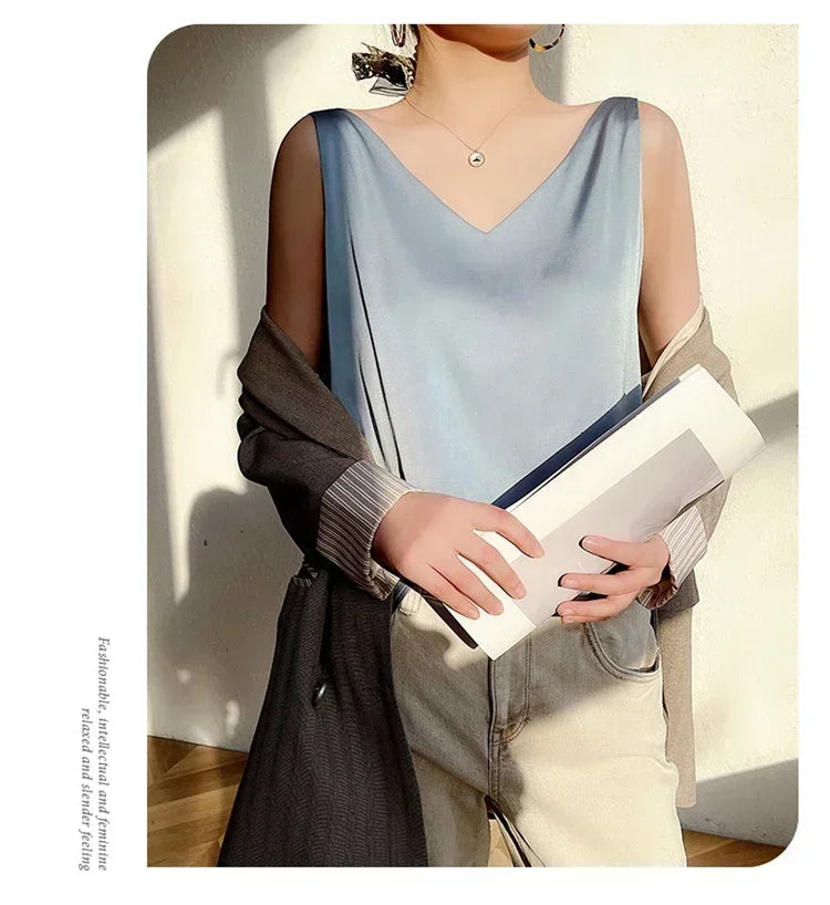 Summer New Silk Top Special Offer Sexy Strap Women's V-neck Printed Letter Tank Top Korean Fashion Solid Color Thin T-shirt