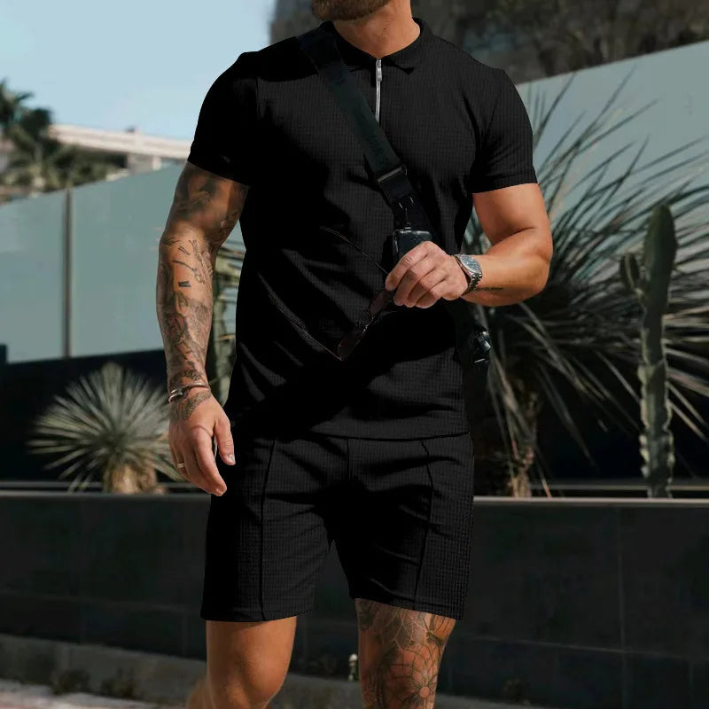 Summer New Men's Suit Fashion Printing Lapel Zipper 2 Piece Set Short-sleeved T-shirt and Shorts Sportswear Beach Suit