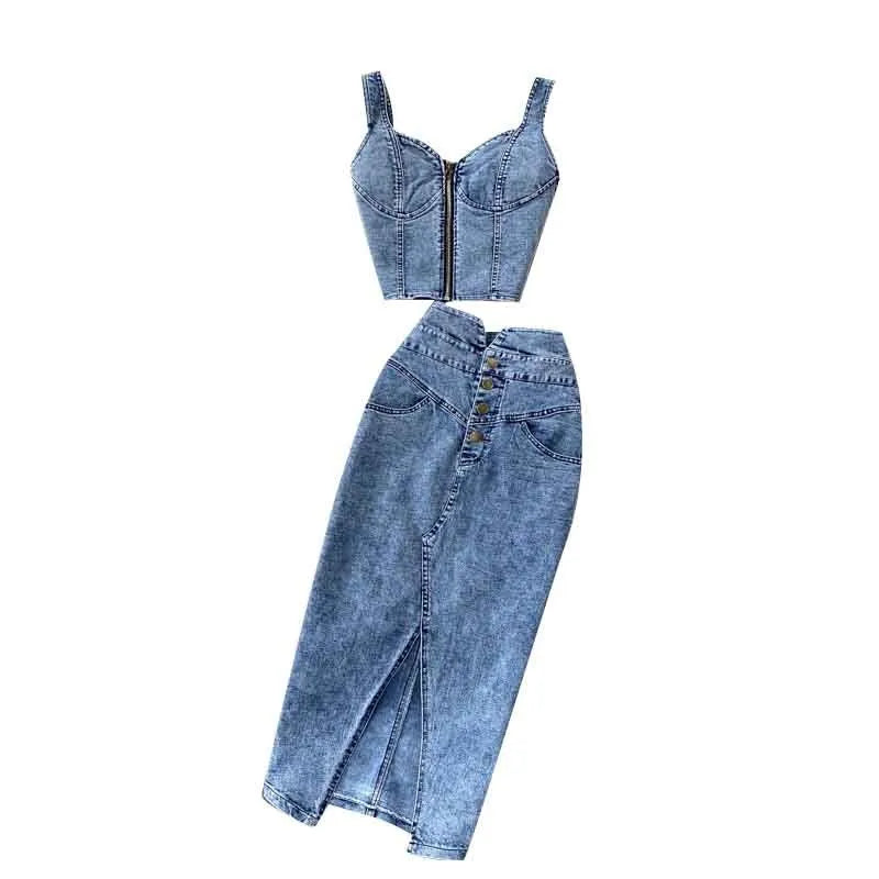 Women's Denim Top and Midi Skirt 2-Piece Set