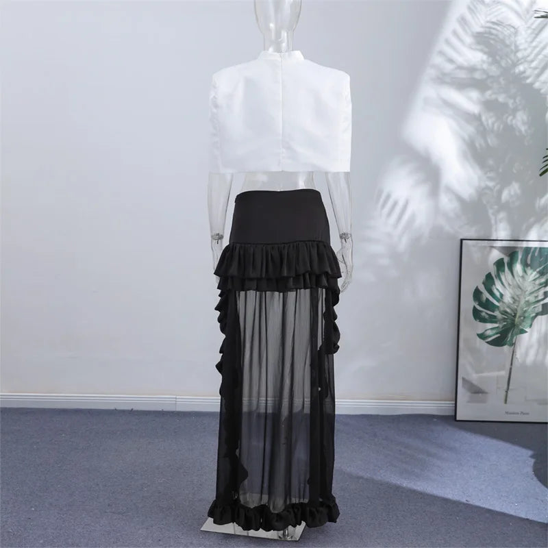 Women's Cape Crop Top and Pleated Mini Skirt Set