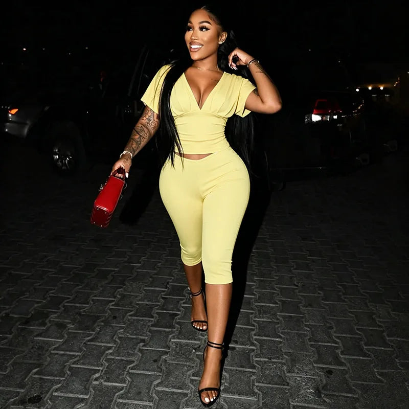 Joskaa Casual Solid 2 Piece Sets Women Sexy V-Neck Ruched Half Sleeve Top and Tight Cropped Pants Matching Tracksuits Streetwear