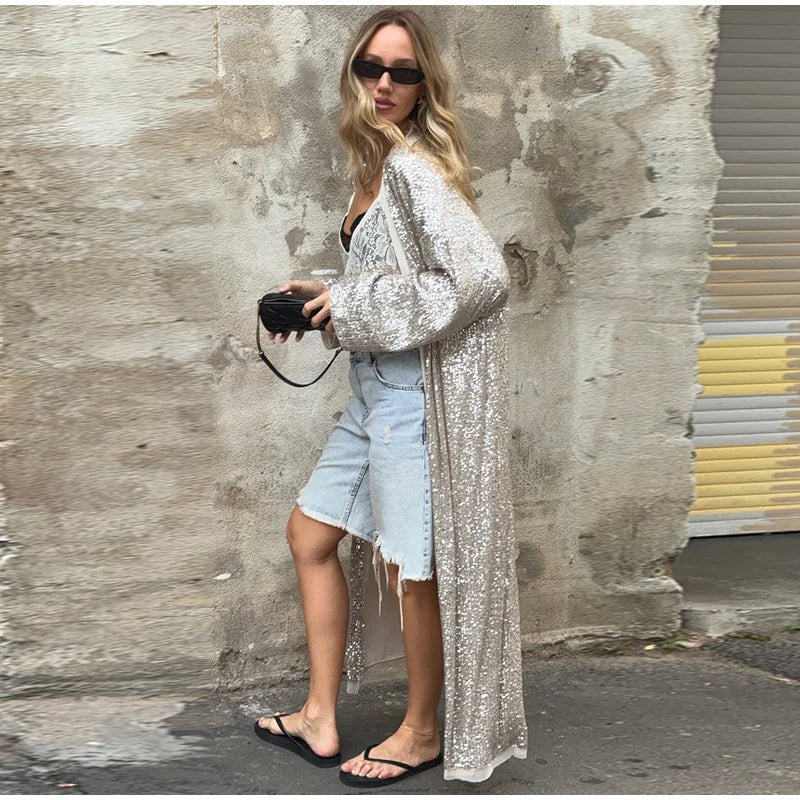 2026 Autumn Sequined Women Long Jacket Urban Full Sleeve Lining Pleated V-neck Cardigan Female Streetwear Fashion Lady Outwear